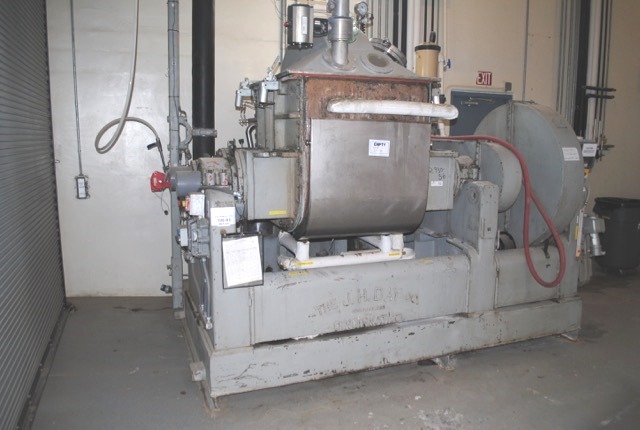 ***SOLD*** 150 Gal JH Day Double Arm/Sigma Blade Mixer. Stainless steel construction, overlapping sigma blades, jacketed bowl, vacuum cover, 60 hp 230/460 volt XP motor, screw tilting bowl with 3 hp motor drive. Includes vapor recovery system with heat exchanger and receiver pot. Last used in medical Silicone. High viscosity mixer.  Approx. 3' back to front x 3'3